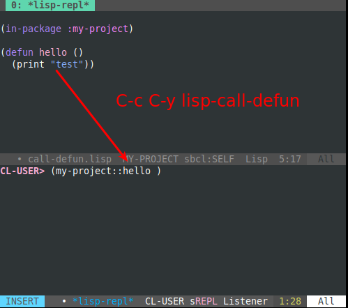 Alt-x lisp-call-defun prefills a call to the toplevel form on the REPL.